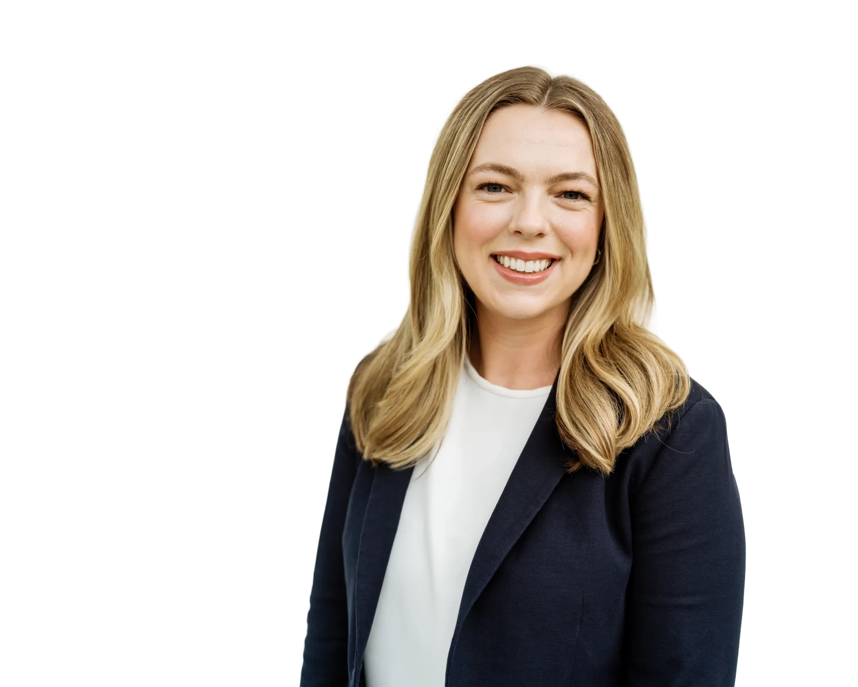 Hannah Hawkins-Cunningham in a navy blazer over a white top, smiling