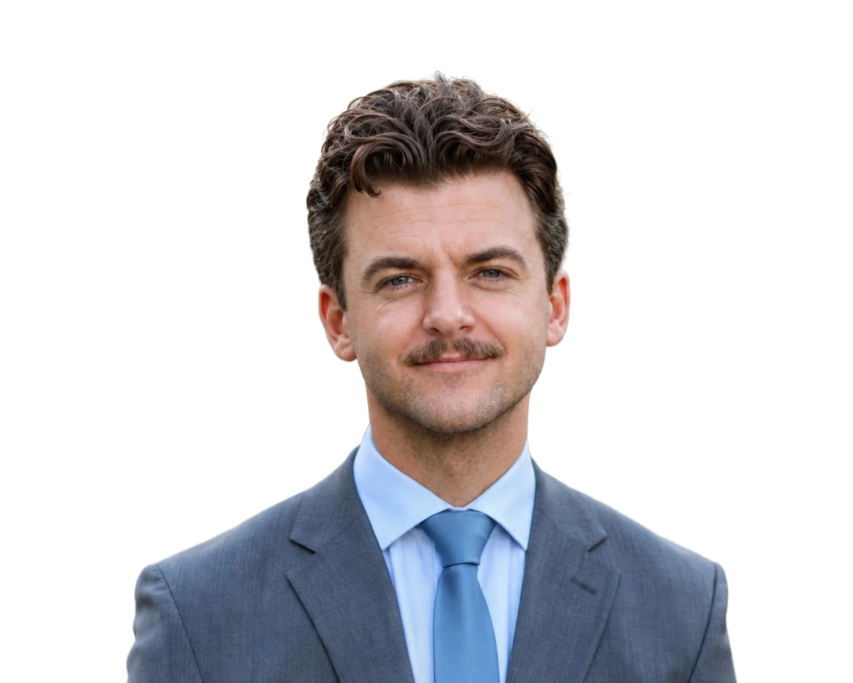 Lucas Holzmann in a grey suit and a light blue tie