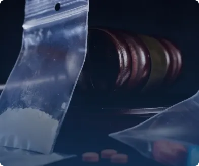 Baggies of white powder and loose pills on a table in front of a judge's gavel