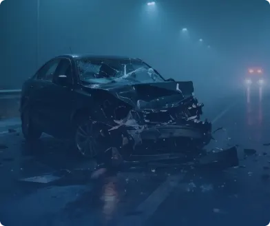 A car with a crushed front end wrecked on a foggy night highway, debris scattered across the road