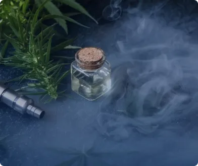A vape pen and a corked jar of cannabis extract beside marijuana leaves in drifting vapor
