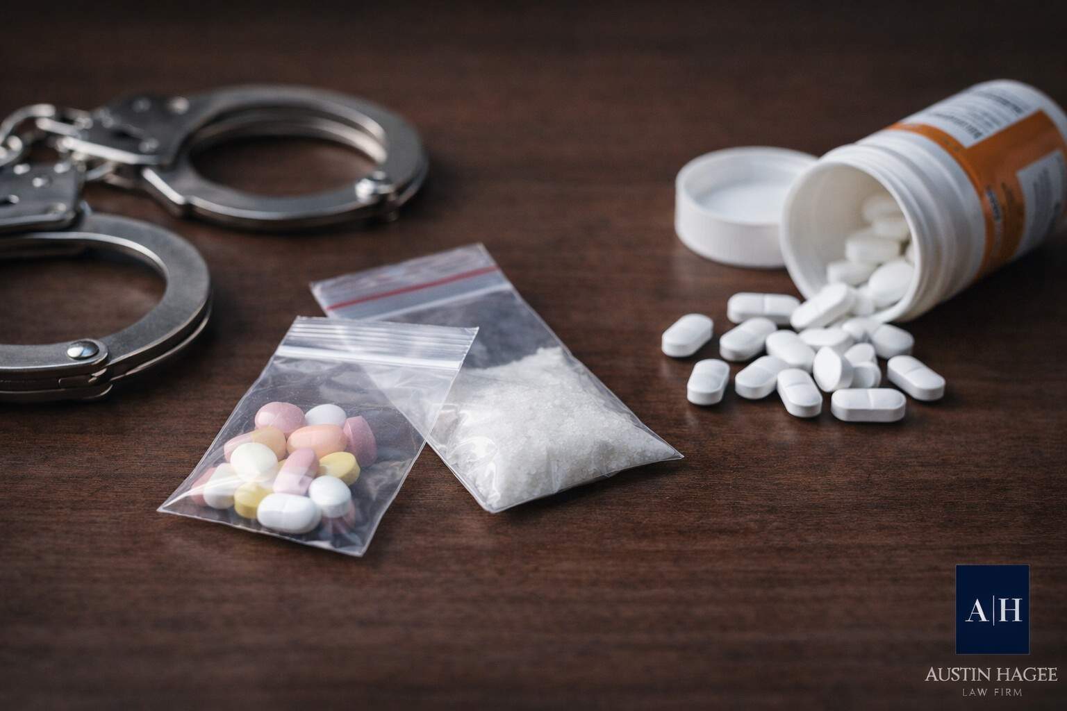 Handcuffs, baggies of pills and white crystals, and a spilled prescription bottle on a dark wood table