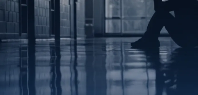 A young person sitting alone in an empty courthouse corridor
